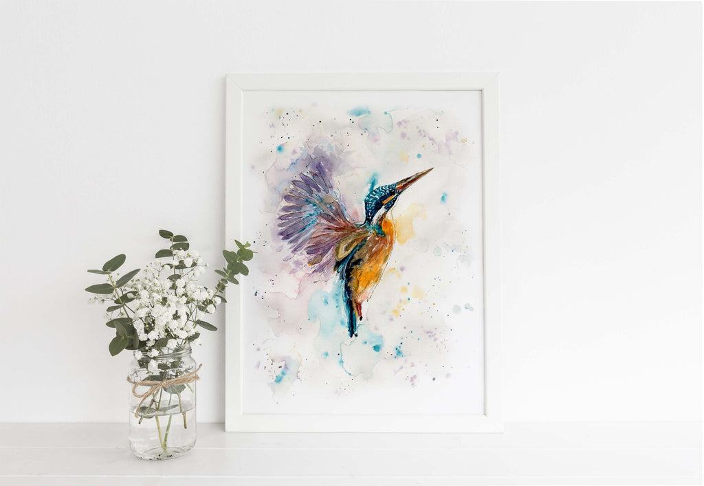 flying kingfisher watercolour art, kingfisher painting, bird watercolour art, flying watercolour bird print, abstract bird