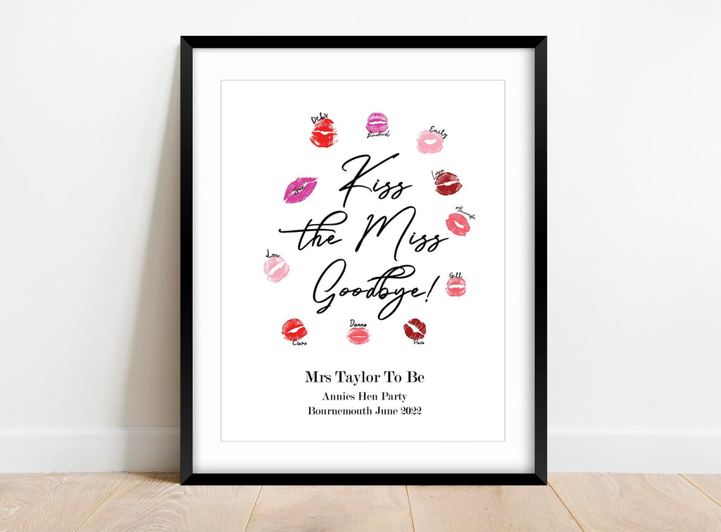 Kiss The Miss Goodbye Wall Poster, Hen Party Gifts for Bride Ideas, kiss the miss goodbye a3, bride to be keepsake ideas