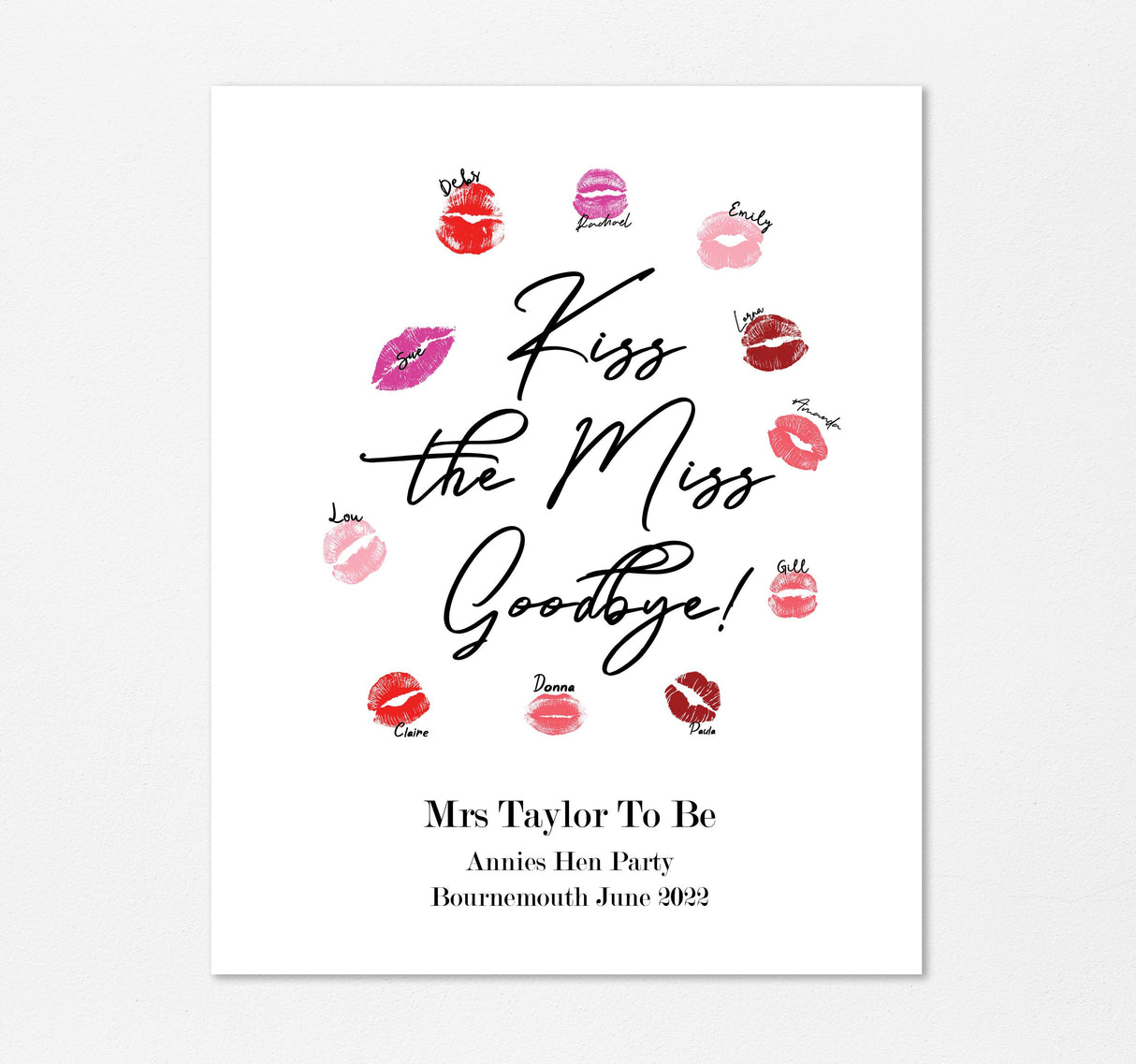 Miss to Mrs Idea, kiss the miss goodbye printable, kiss the miss goodbye ideas, hen party gifts, funny hen party gifts for bride