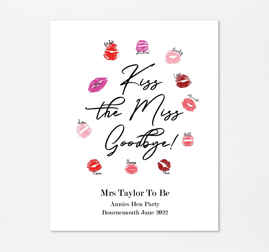 Miss to Mrs Idea, kiss the miss goodbye printable, kiss the miss goodbye ideas, hen party gifts, funny hen party gifts for bride