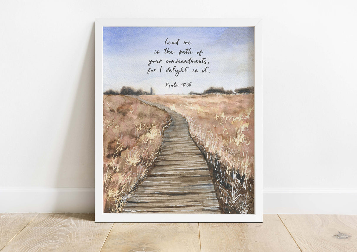 Psalm 119 Christian Print , Lead Me In Your Path Scripture Wall Art, watercolour bible verses, psalm 119 picture, modern christian wall art