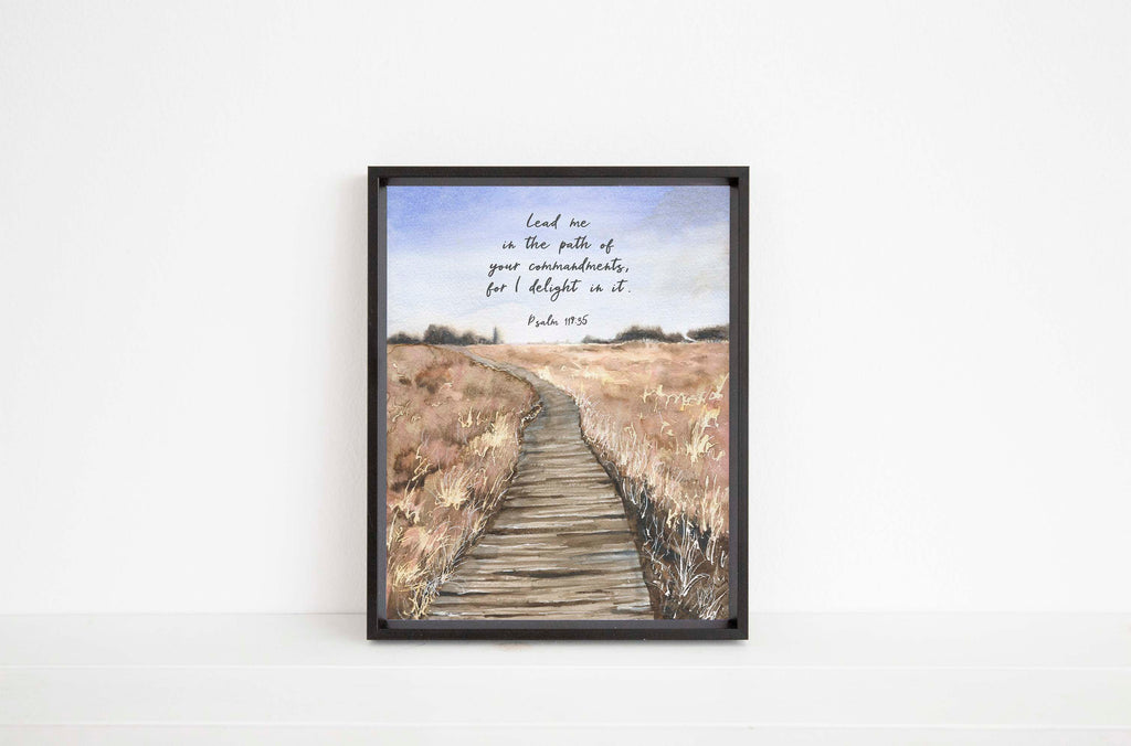 contemporary christian prints, bible quote prints, biblical wall art, bible quote uk, psalm 119 35, lead me in your path, christian gifts