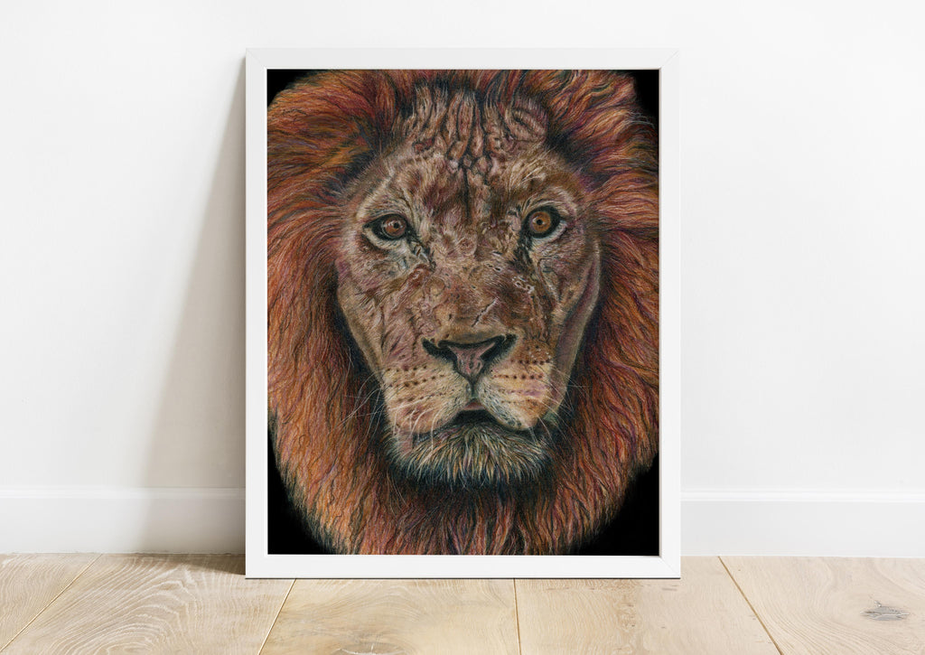 big cat print, big cat art, wild cat art, Lion face wall art print on black background, Majestic lion face print for home decor