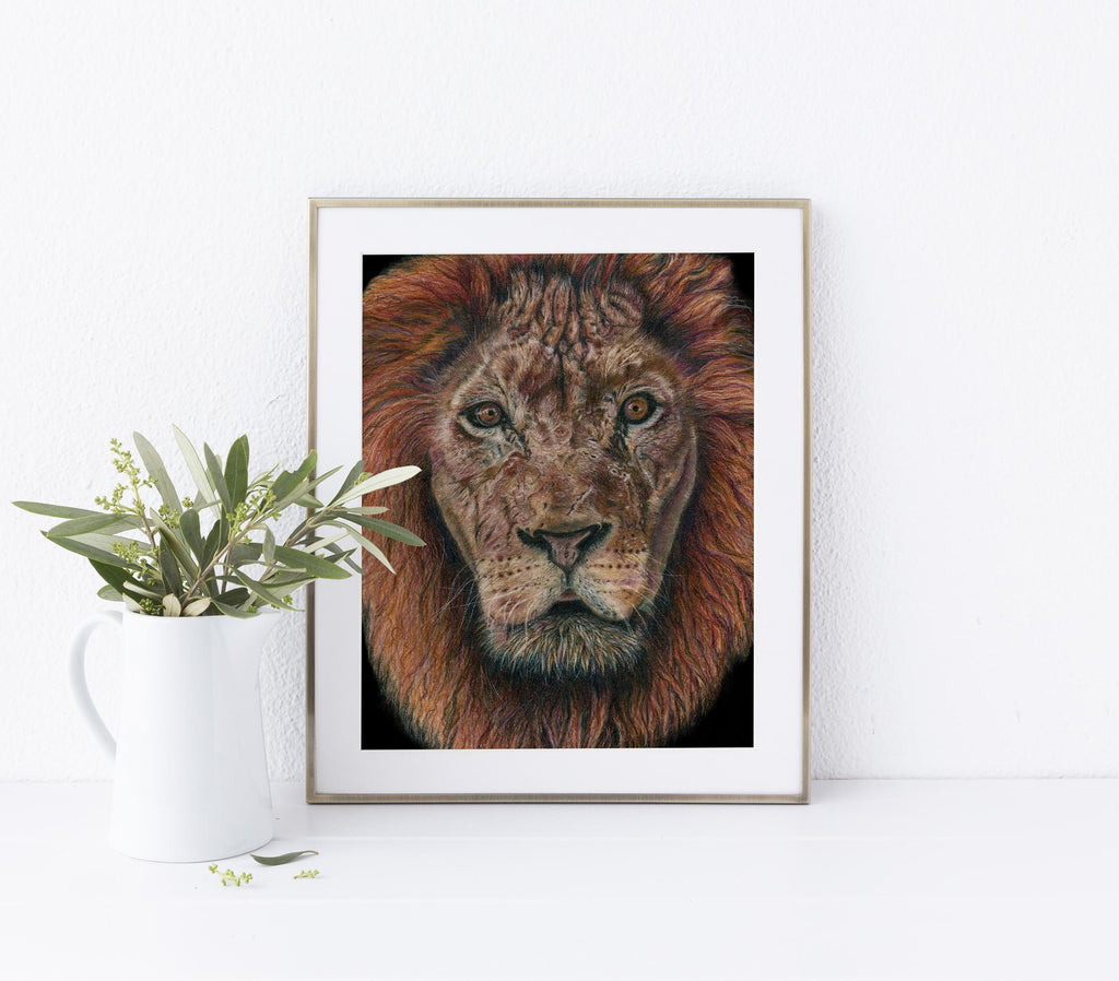 Golden lion face wall art for living room, Lion face portrait print for bedroom decor, Fierce lion face art for study room