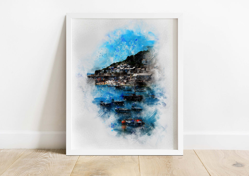 Coastal Wall Art, Abstract Ocean Decor, UK Harbor Watercolor, Mousehole Harbour Painting, Boat Print, Blue Sea and Sky Print