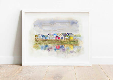 Mudeford Beach Huts Print, Mudeford Beach Art, Mudeford Prints Gift, dorset wall art, dorset prints, mudeford spit print