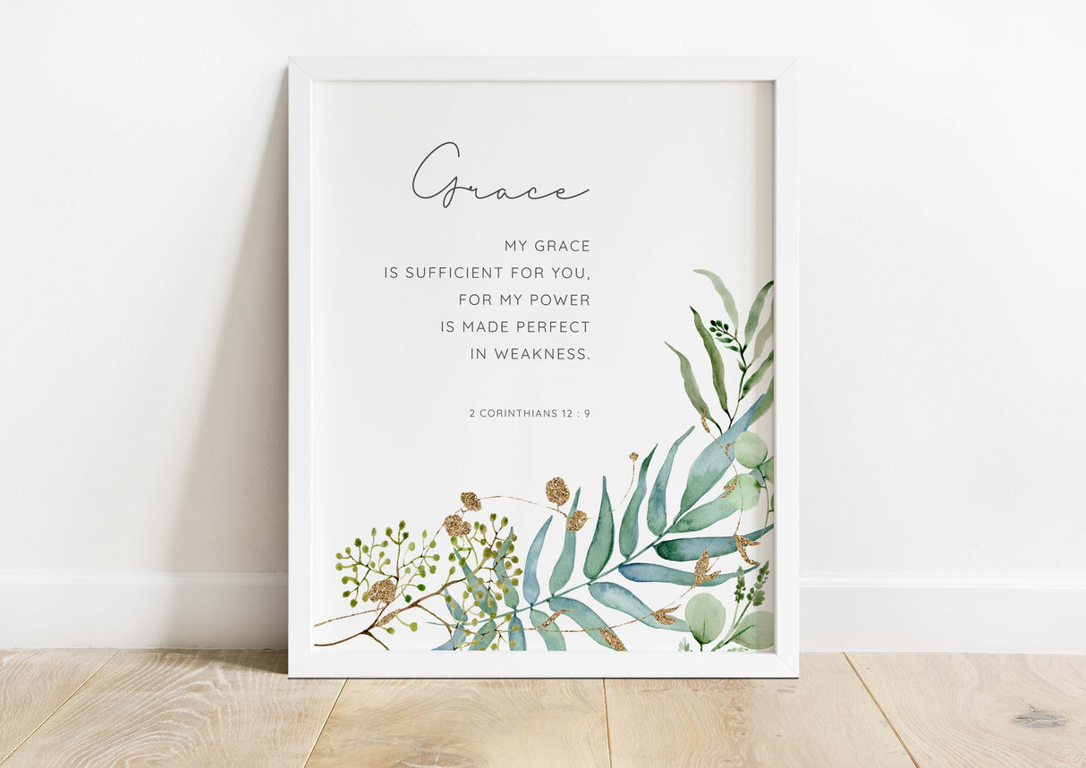 My Grace is Sufficient Wall Art Print, 2 Corinthians 12 9 Picture, Grace Wall Art Bible Verse Prints, Plant Scripture