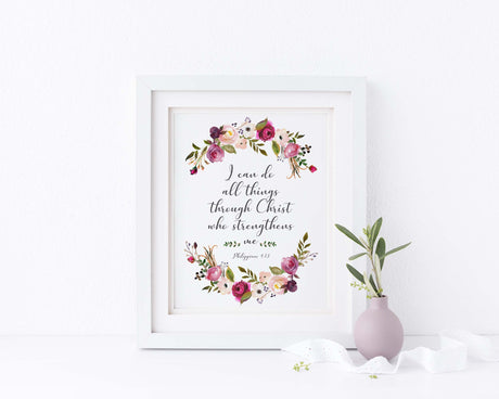 philippians 4 wall art, floral bible verse decor, philippians 4 13 pictures, I can do all things Scripture Wall Art