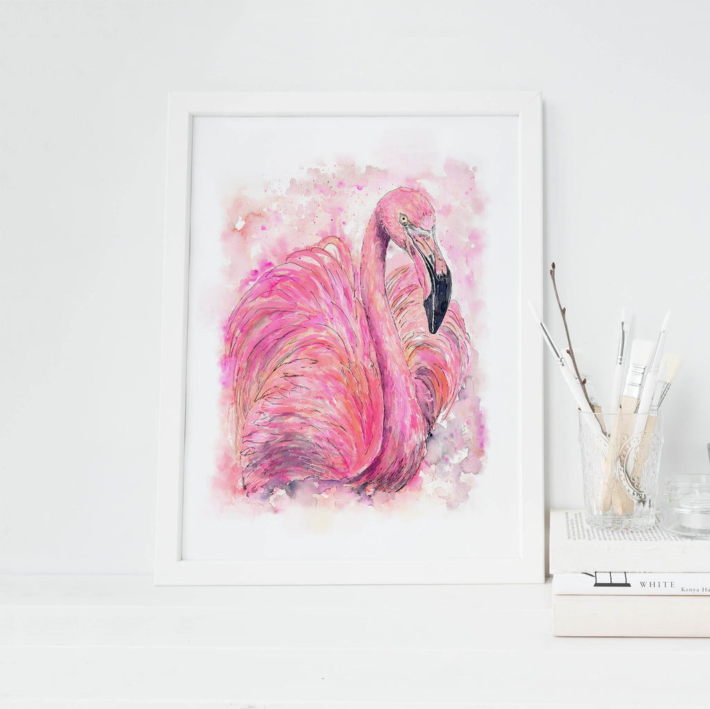 Flamingo Watercolour Painting Print, Pink Flamingo Watercolor Art, pink bird art, pink flamingo wall art, flamingo art