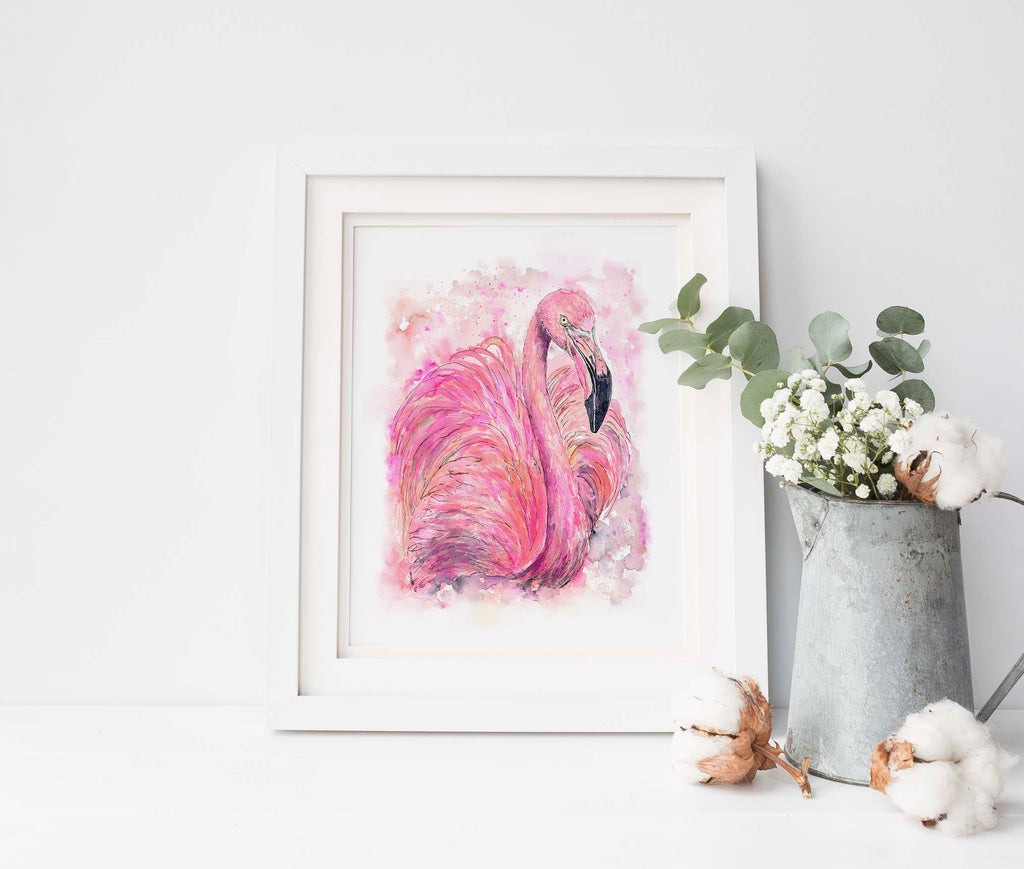 watercolour bird print, watercolour birds, dorset artist, crafty cow design, modern watercolour, flamingo art print