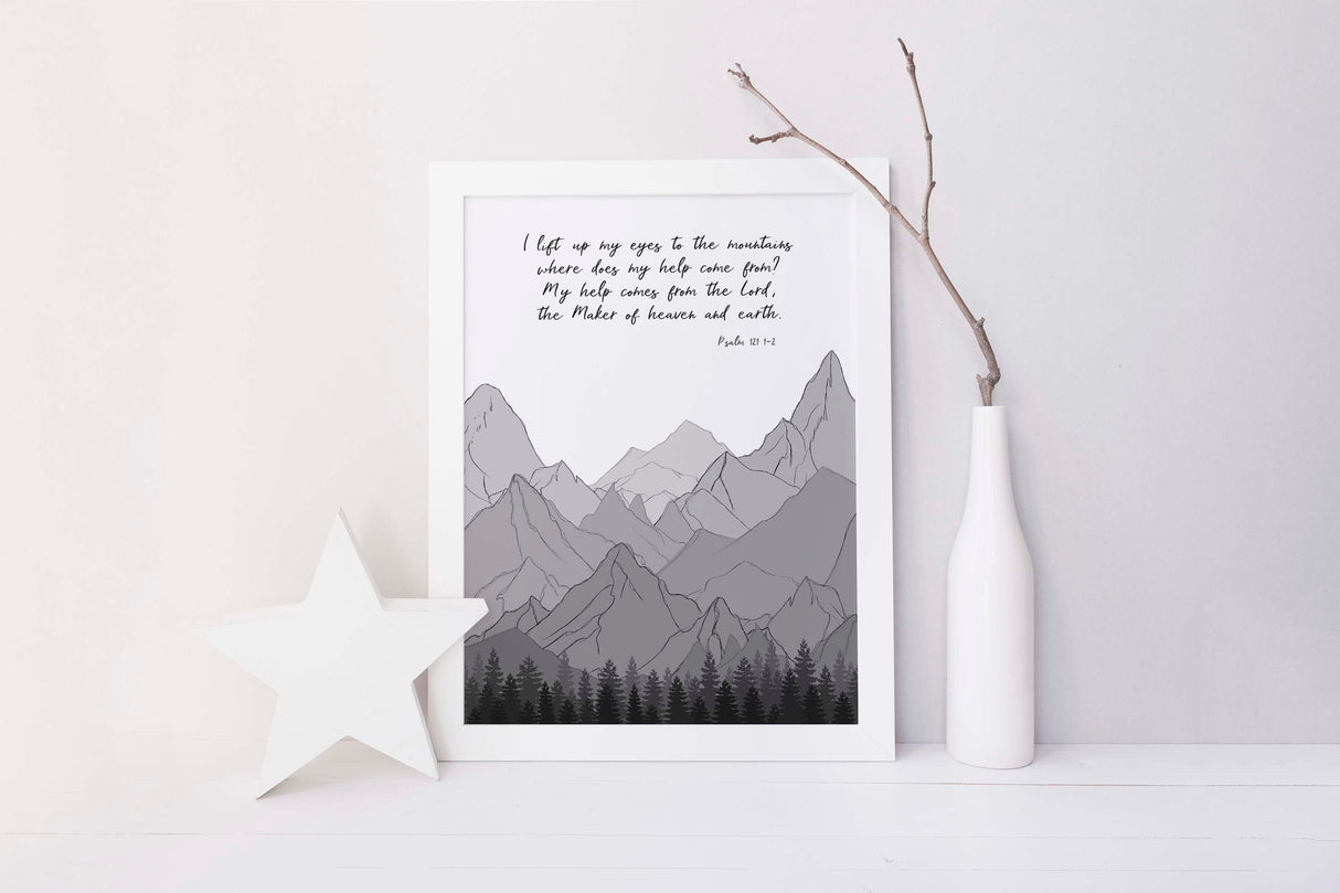 Christian Artwork Gift, Christian Posters, Scripture Art Print, Psalm 121 Print, Mountains Wall Art Bible Verse Quote