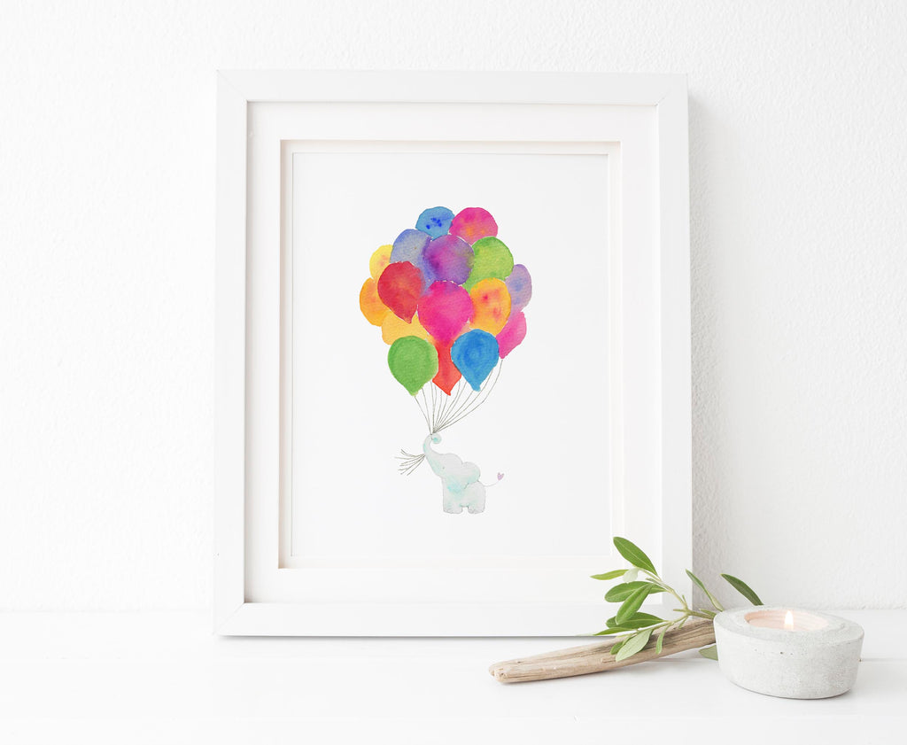 Watercolor Elephant With Balloons Art, Rainbow Watercolour Print, Elephant Nursery Wall Art Print
