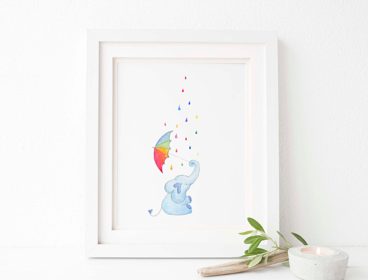 Elephant Nursery Wall Art Print, Kids Room Rainbow Playroom Accessories, Gender Neutral Baby Gifts