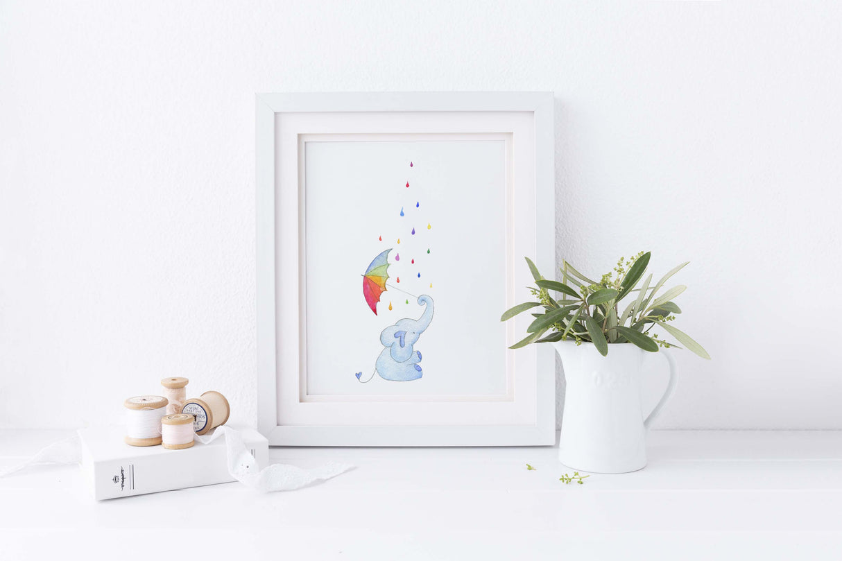 Rainbow Elephant Art Print, Watercolour Elephant Wall Art, New Baby Elephant Gift, Elephant Nursery