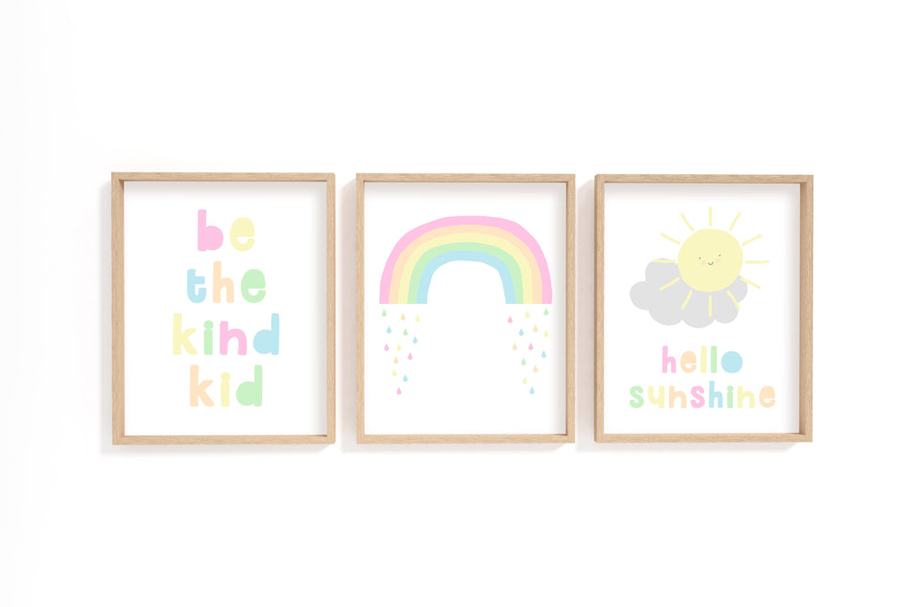 Pastel Rainbow Wall Art, Pastel Nursery Decor, Pastel Nursery Prints, Be the kind kid poster, hello sunshine print