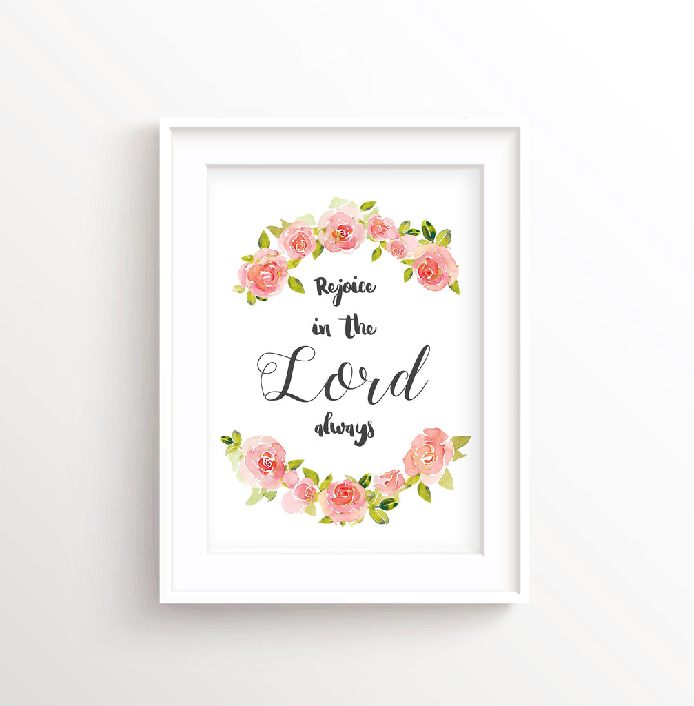Pretty Scripture Artwork,Rejoice in the Lord Philippians 4 4 Bible Verse Wall Art Print, Floral Christian Gifts A4