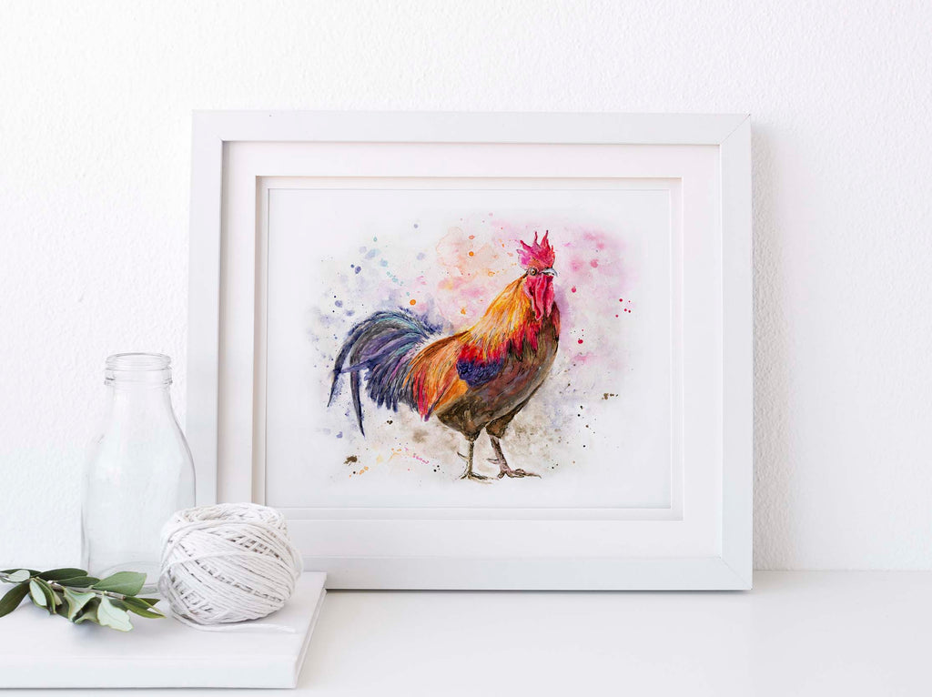 watercolour animals, chicken painting, watercolor chickens, cockerel picture watercolor painting, rooster art print