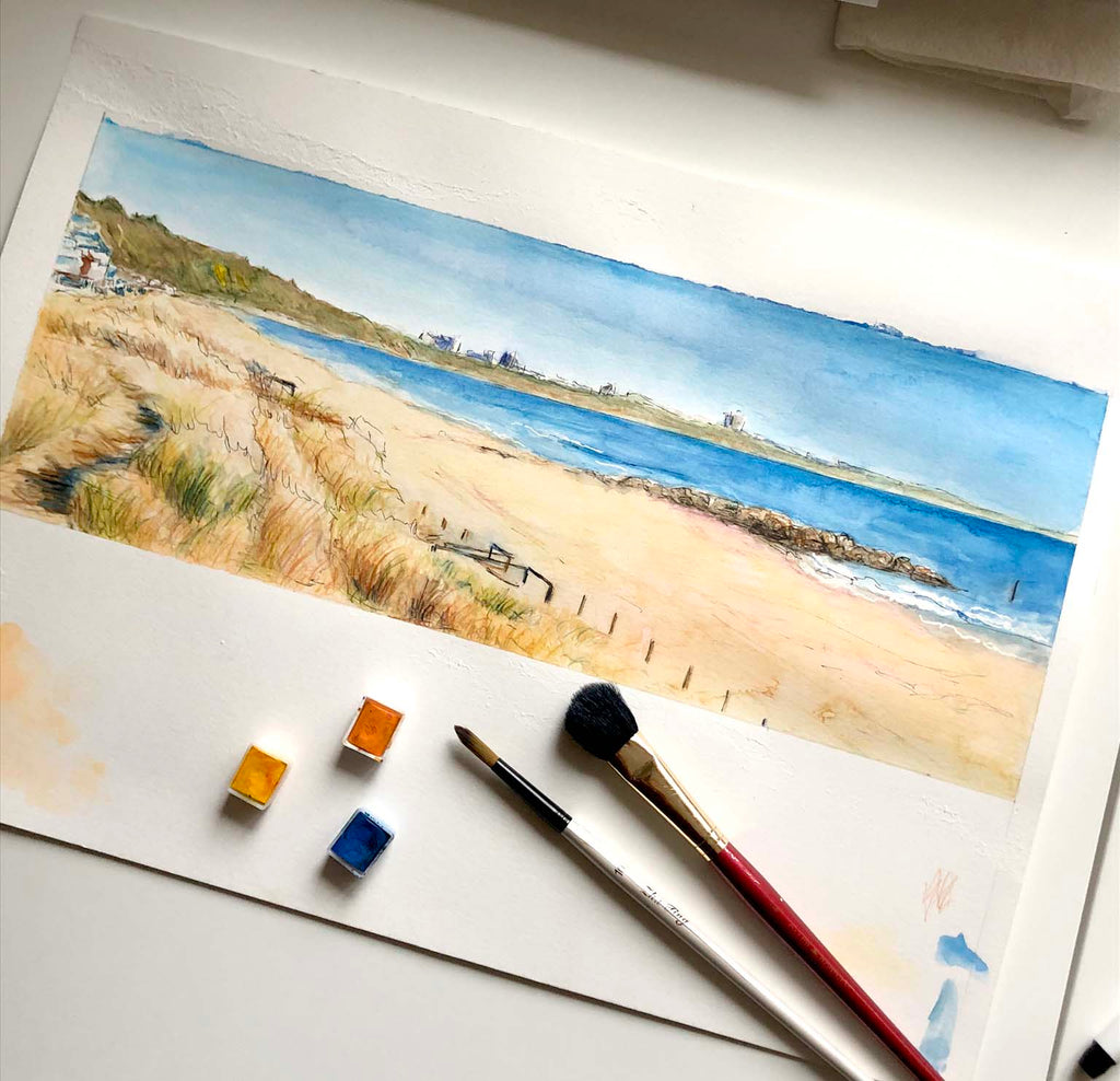 beach watercolour print, watercolour prints, sea art print, coastal wall art uk, watercolour prints for sale uk