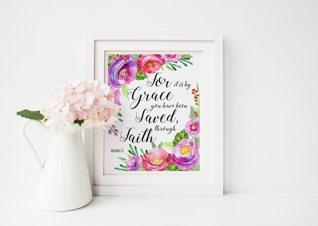 For It Is By Grace You Have Been Saved Wall Art, Ephesians 2 8 Print, Ephesians 2:8 pink floral wall art