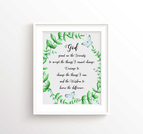 aa serenity prayer - floral alcoholics anonymous prayer with leaf wreath, Serenity prayer quote art for home office decoration