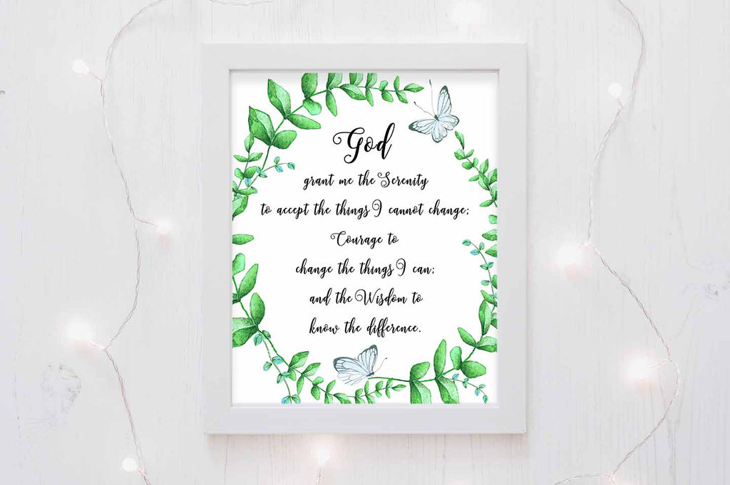 god grant me the serenity wall art print with white background, Green wreath serenity prayer print for calming atmosphere
