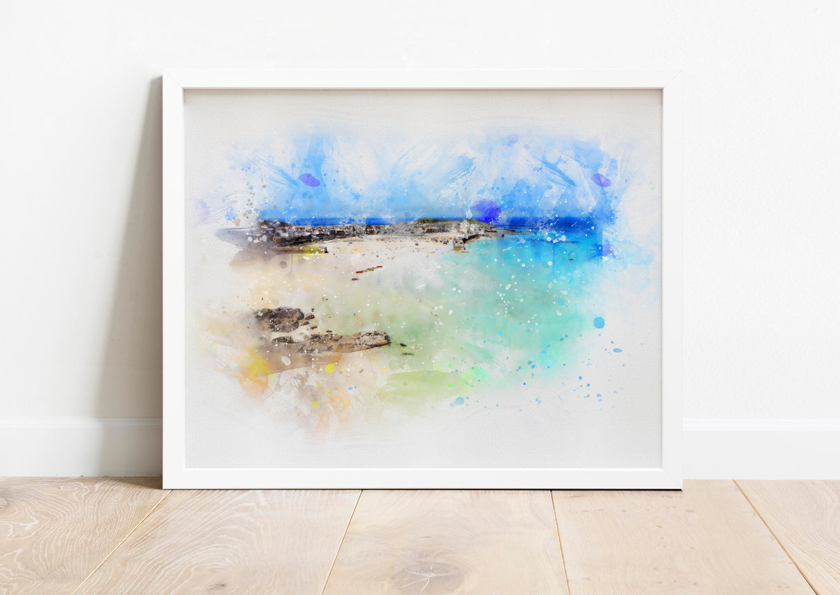 Watercolor seascapes of Cornwall's coastline, Beach watercolor prints of St. Ives Cornwall, St. Ives watercolor art prints of the seaside