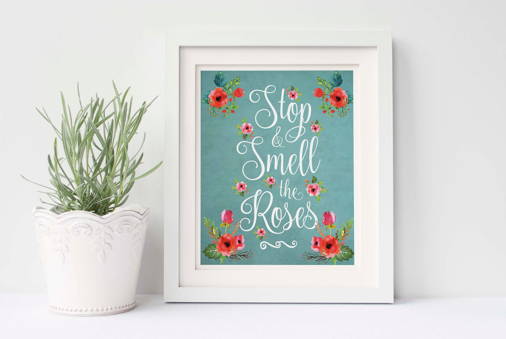 Floral nursery prints, floral nursery wall art, stop and smell the roses quote, Floral Nursery Prints
