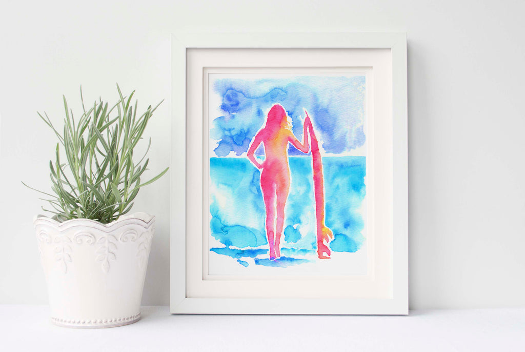 Watercolour Surfer Girl Print, Surf Girl Art, Surfing Wall Art Gift, Vibrant watercolor surf art with turquoise, pink, and yellow tones
