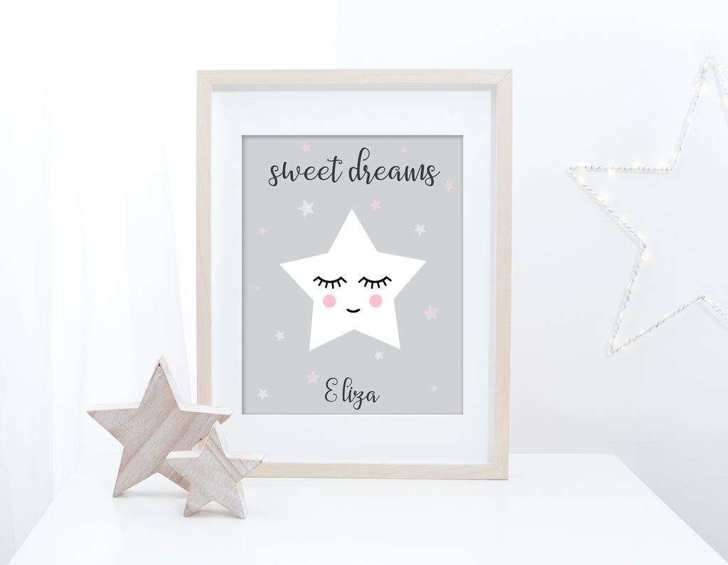 Pink and grey nursery decor for girls with personalised star print, New baby girl gift with personalised grey and white star nursery print