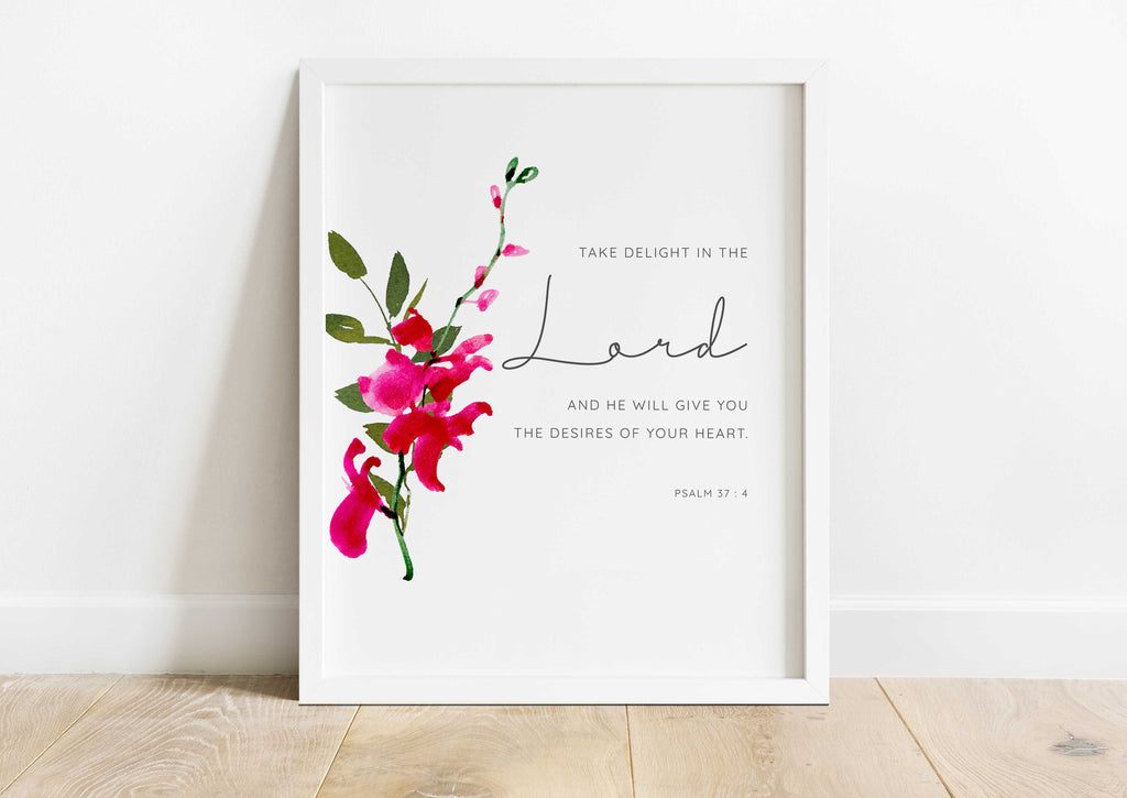 Take Delight in the Lord Bible Verse Print, Psalm 37 4 Wall Art Gift, Psalm 37 4 Biblical Wall Art, Pink Orchid Bible Verse Poster