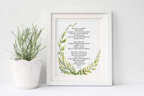 Christian home decor print with Psalm 23 text surrounded by peaceful floral illustrations.
