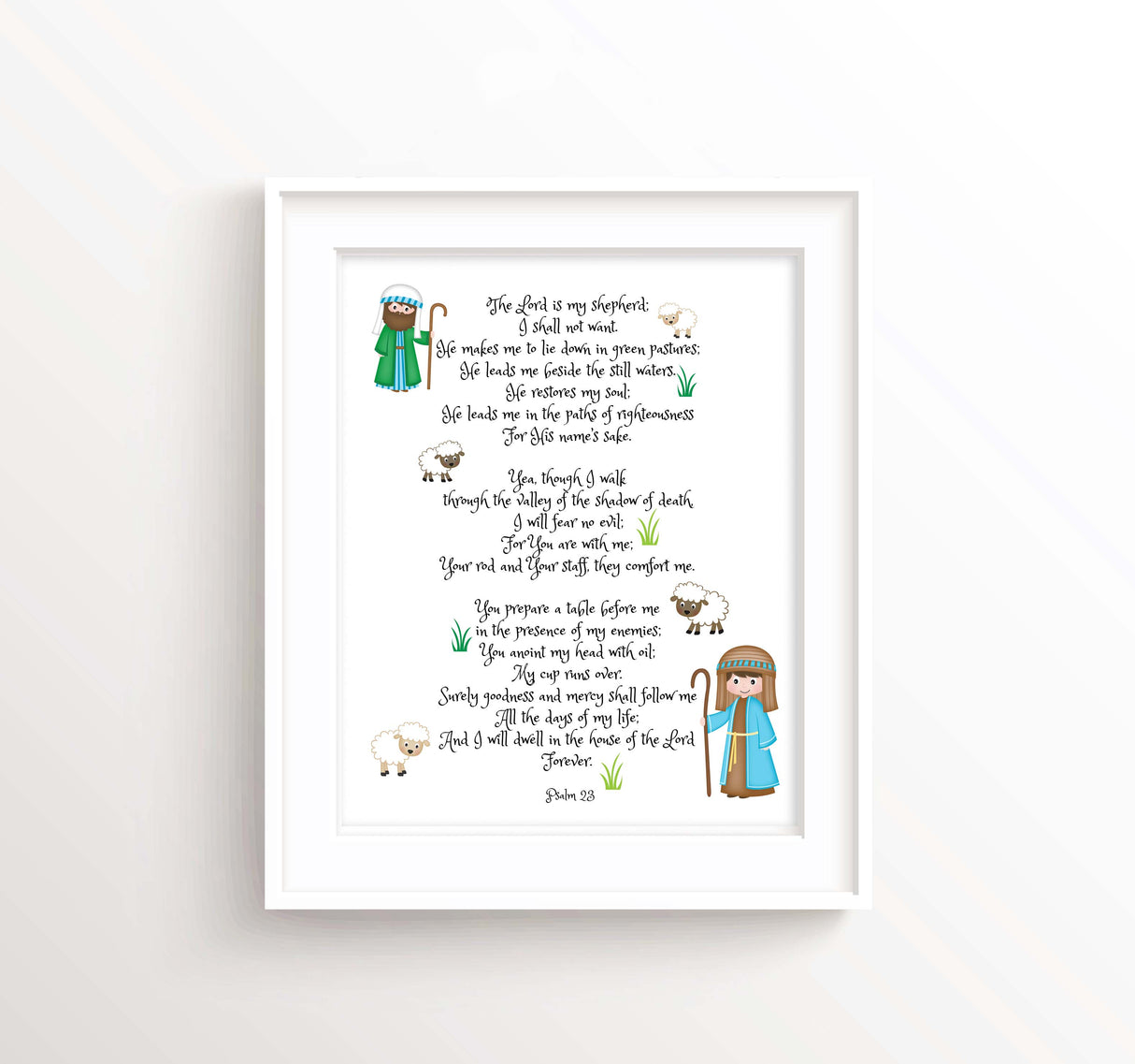 Psalm 23 kids print with shepherds and sheep, Bible verse nursery art Psalm 23 for children, The Lord is My Shepherd kids print