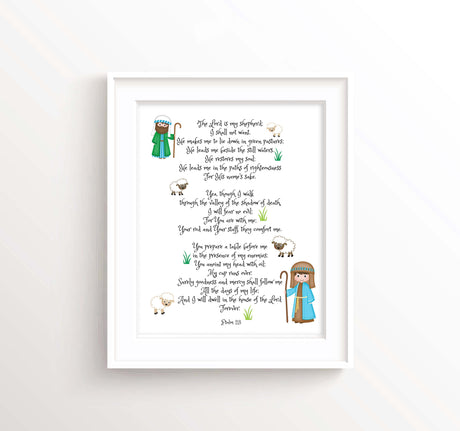 Psalm 23 kids print with shepherds and sheep, Bible verse nursery art Psalm 23 for children, The Lord is My Shepherd kids print