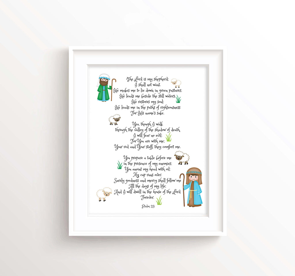Psalm 23 kids print with shepherds and sheep, Bible verse nursery art Psalm 23 for children, The Lord is My Shepherd kids print