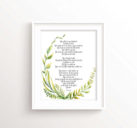Typographic Psalm 23 scripture wall art with botanical accents for spiritual encouragement.