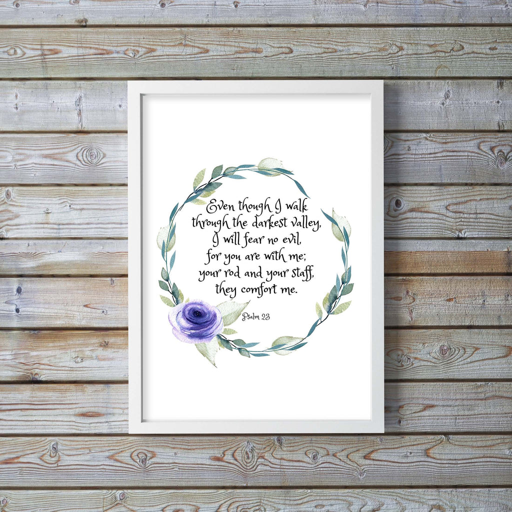 watercolor scripture art, The valley, Floral bible verse print, Psalm 23, He Leads Me Beside The Still Waters