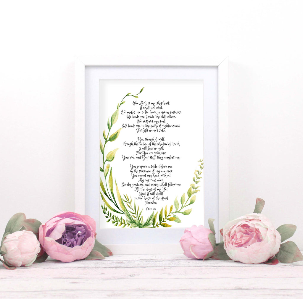 watercolor scripture art, The valley, Floral bible verse print, Psalm 23, He Leads Me Beside The Still Waters