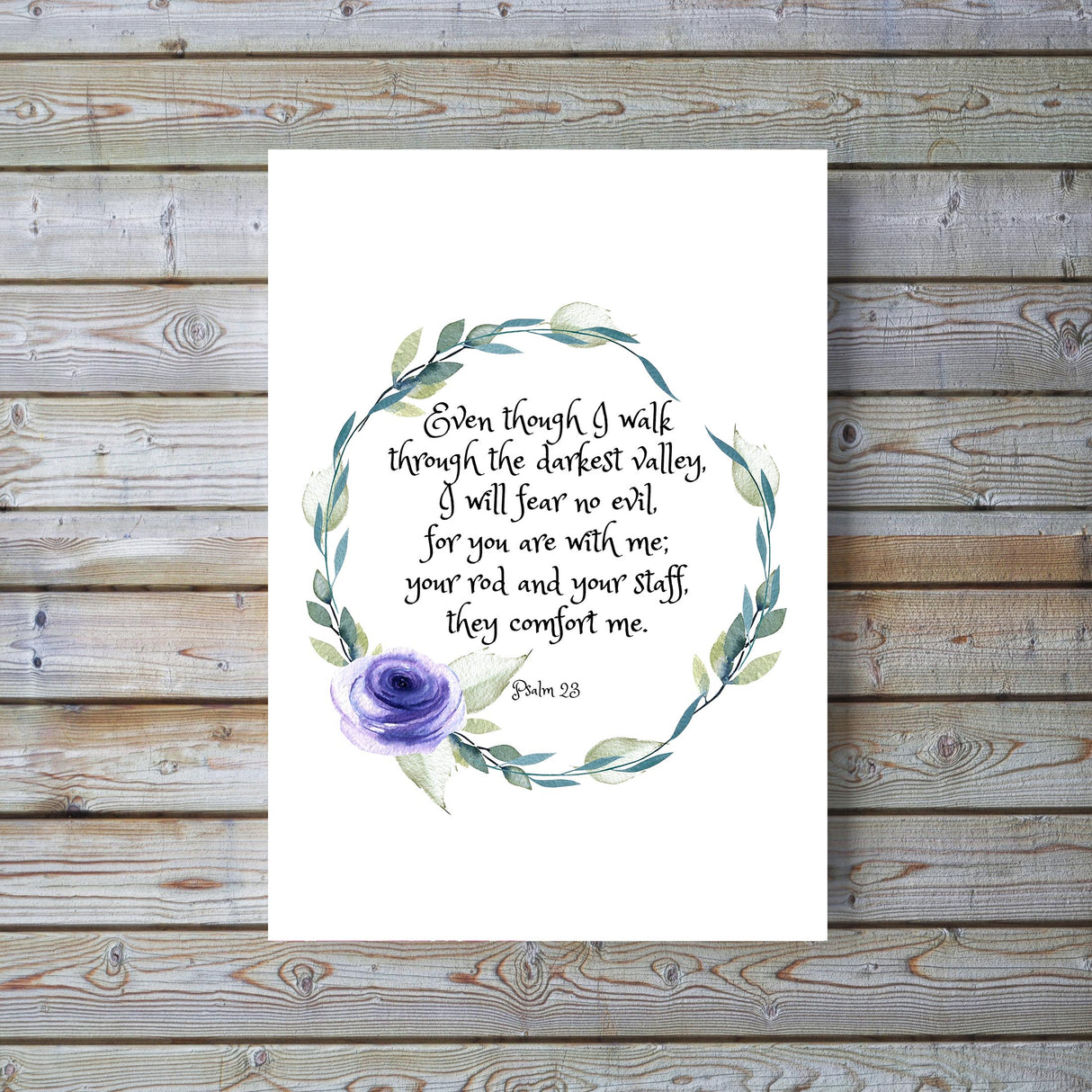 Floral wreath wall print with Psalm 23:4 message, Inspirational verse decor for minimalistic spaces, Beautiful Psalm 23:4 print