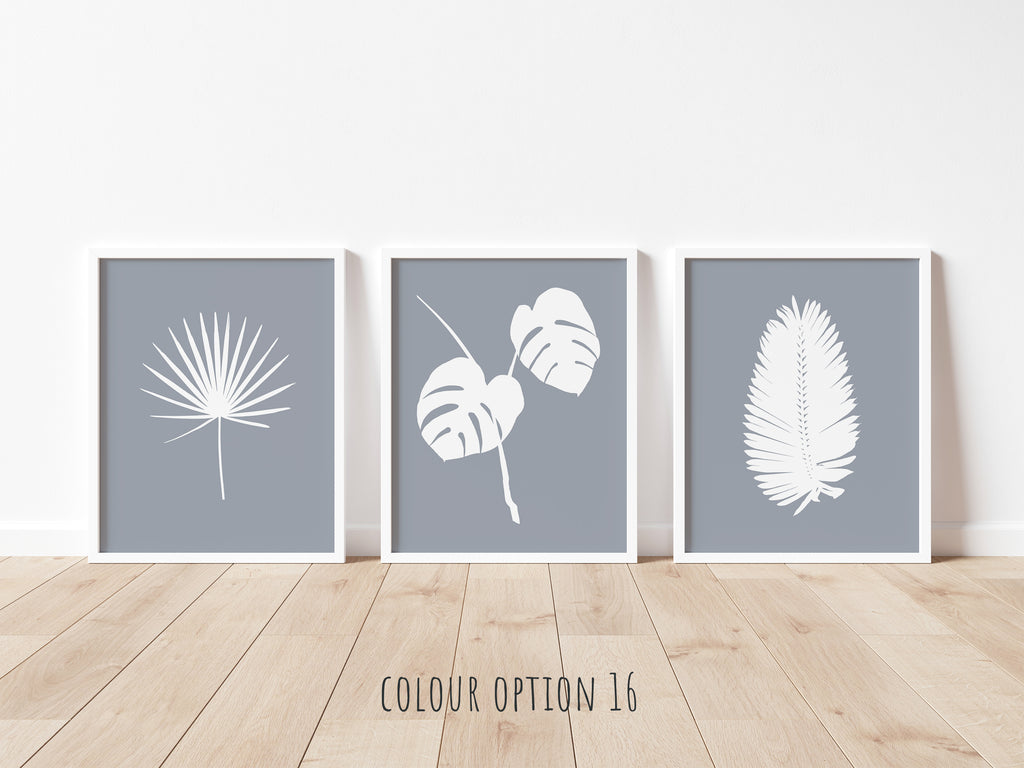 Tropical plant illustrations for wall decor, Minimalist jungle leaf prints for living room, Grey palm leaf art for bedroom