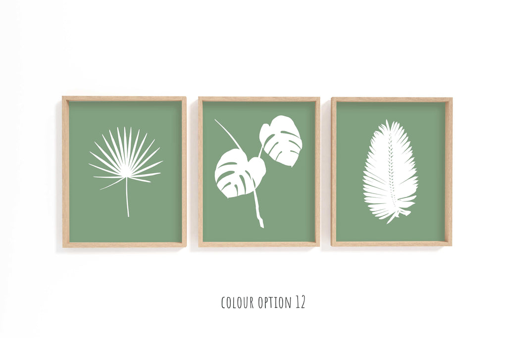 Minimalist palm leaf posters for gallery walls, Set of 3 green leaf silhouette prints, Contemporary tropical foliage artwork