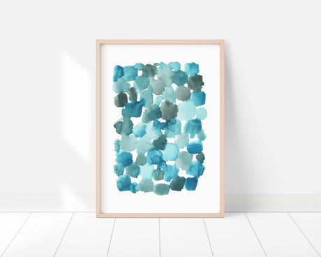 Modern abstract sea-inspired art print in calming ocean tones, a peaceful addition to any living room or hallway.