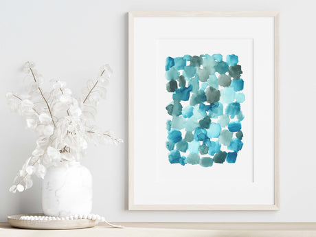 Beautiful abstract artwork titled 'Aqua Drift', showcasing fluid watercolour blends of turquoise, teal, and pale blue.
