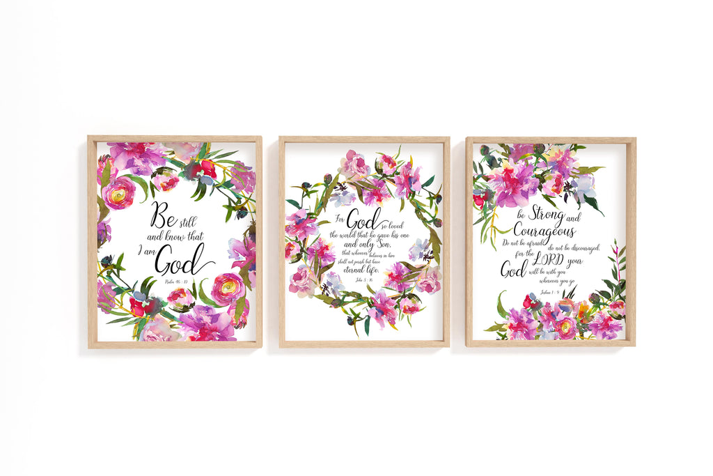 For God so loved the world, be strong and courageous. Do not be Afraid, Scripture Print Set of 3, Biblical Print Set of 3