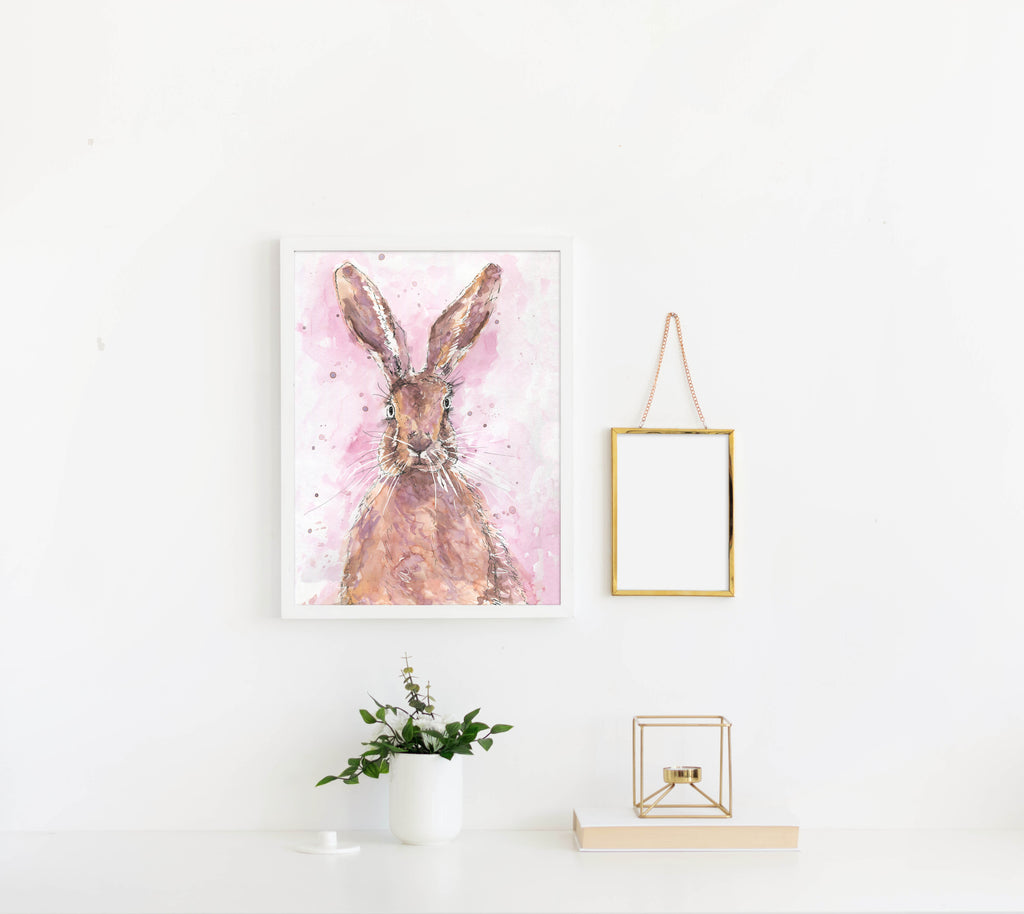 Watercolour hare print for living room decor, Nature inspired watercolour hare artwork, Whimsical hare artwork for nursery decor
