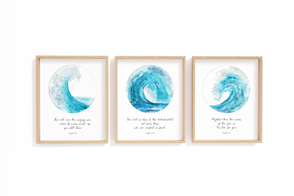 Ocean Themed Bible Verses Print Set, Watercolour Scripture Wall Art, Psalm 89 9, Psalm 34 18, Psalm 93 4 Wall Art Print