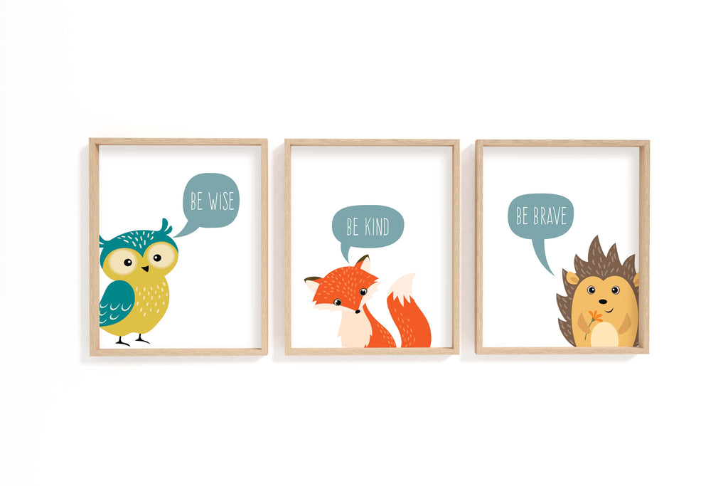 Set of 3 Woodland Animal Nursery Prints, Be Kind Print, Be Wise, Nursery Printable Animal Wall Art, Be Brave Wall Art