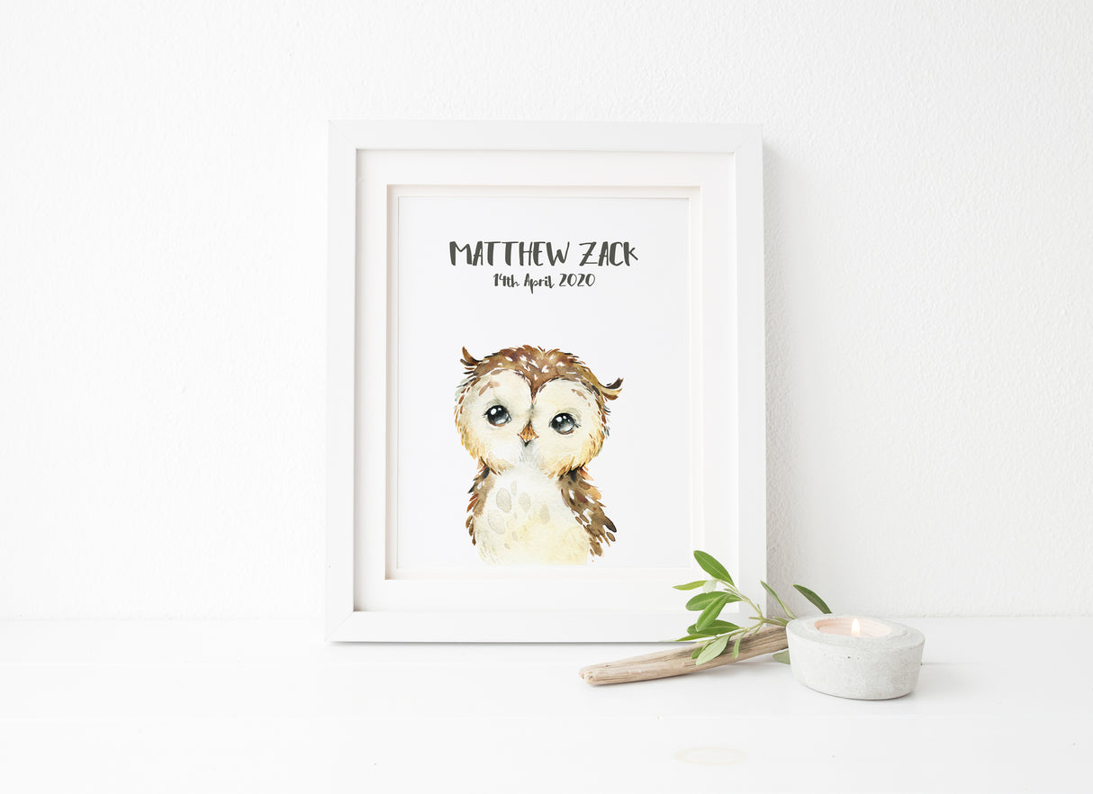 watercolour nursery, watercolour nursery animal prints, watercolour nursery room art, owl nursery print, owl kids room