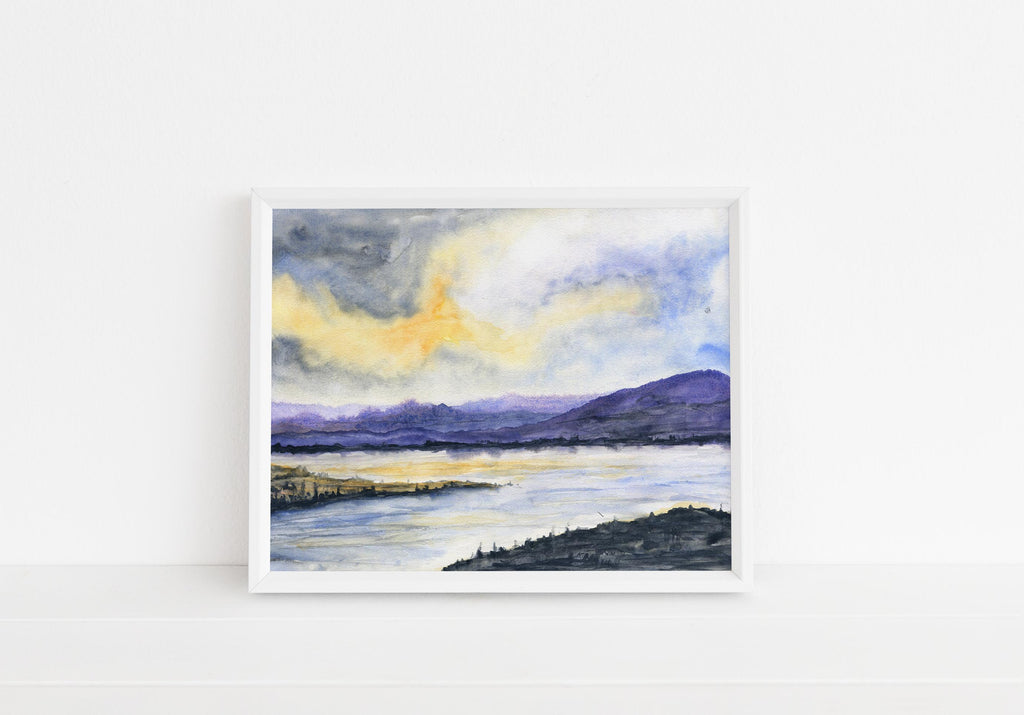 Ocean sunset painting in shades of blue, purple, and yellow, Blue, purple and yellow watercolor seascape print with a dramatic sky
