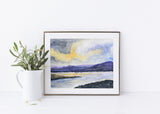 Ocean horizon painting with a dramatic purple and yellow sky, Watercolor seascape art with a stunning sunset color scheme