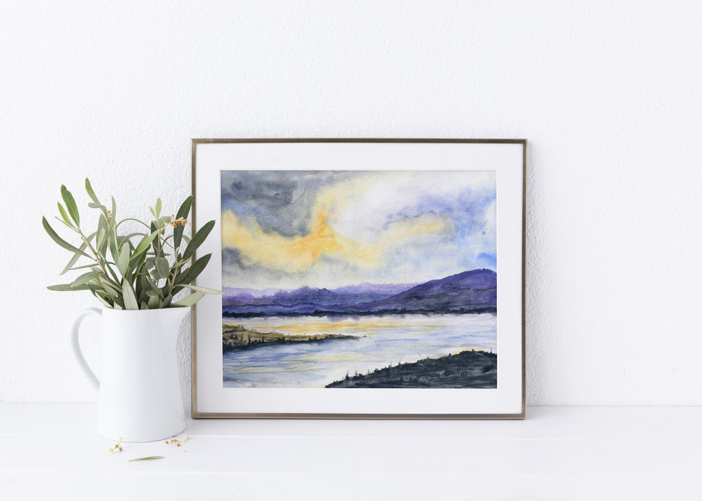 Ocean horizon painting with a dramatic purple and yellow sky, Watercolor seascape art with a stunning sunset color scheme